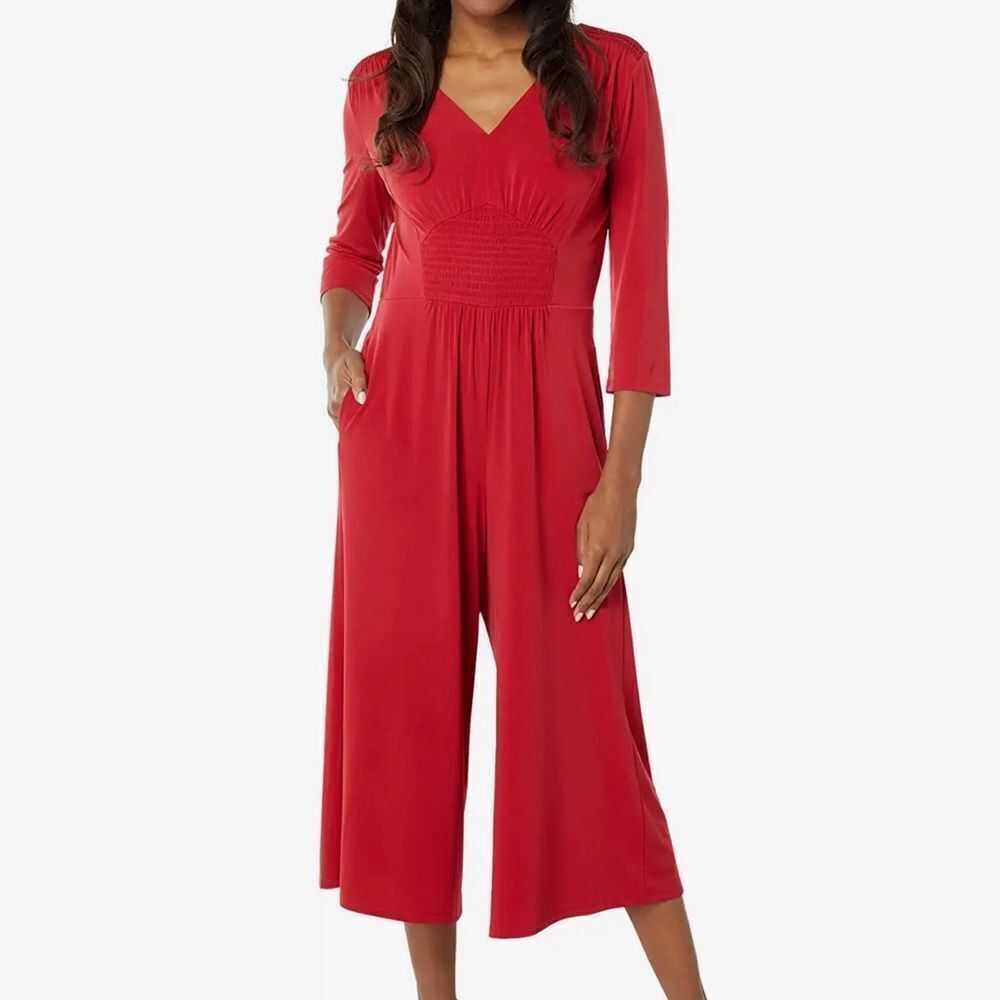 London times v neck smocked jumpsuit ladies size 6 red